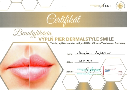 Certifikat vypln pier dermalstyle smile